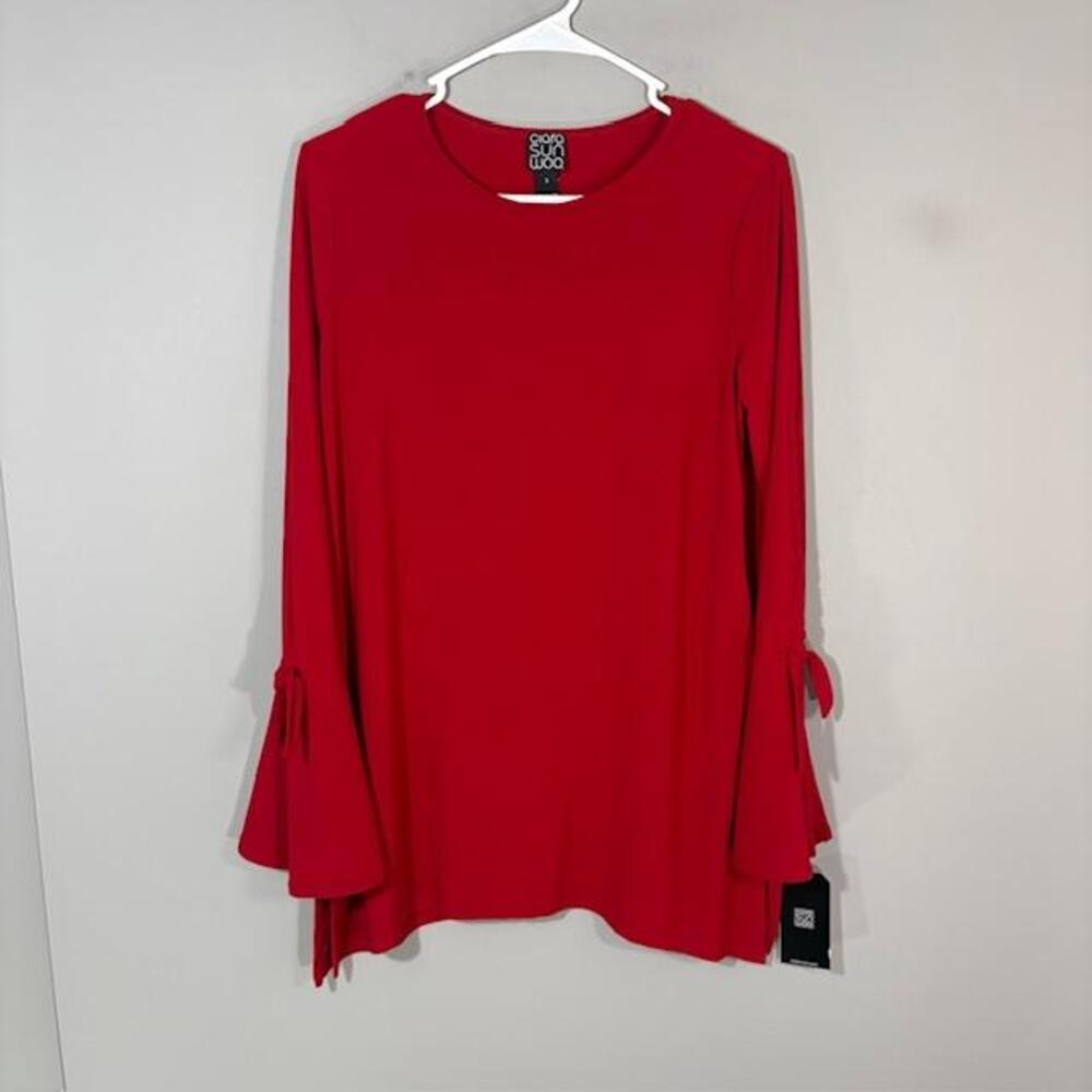 Clara Sunwoo Tunic Blouse Womens Small Red Solid Bell Sleeve Tie Hem Top